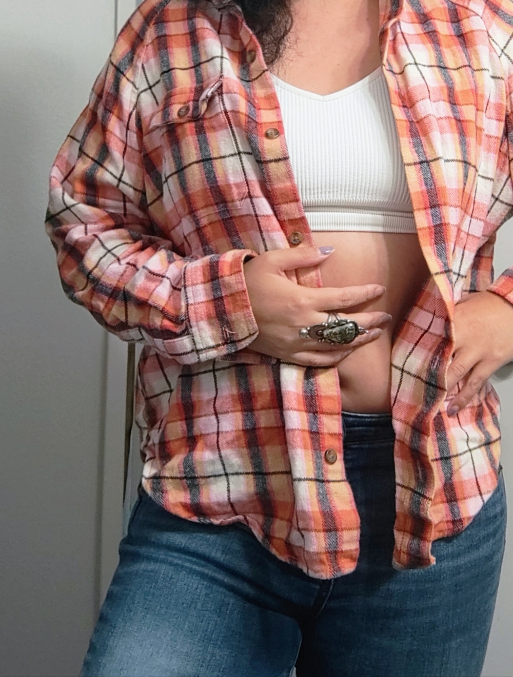 Billabong Pink, Orange & Black Plaid Button Shirt Flannel